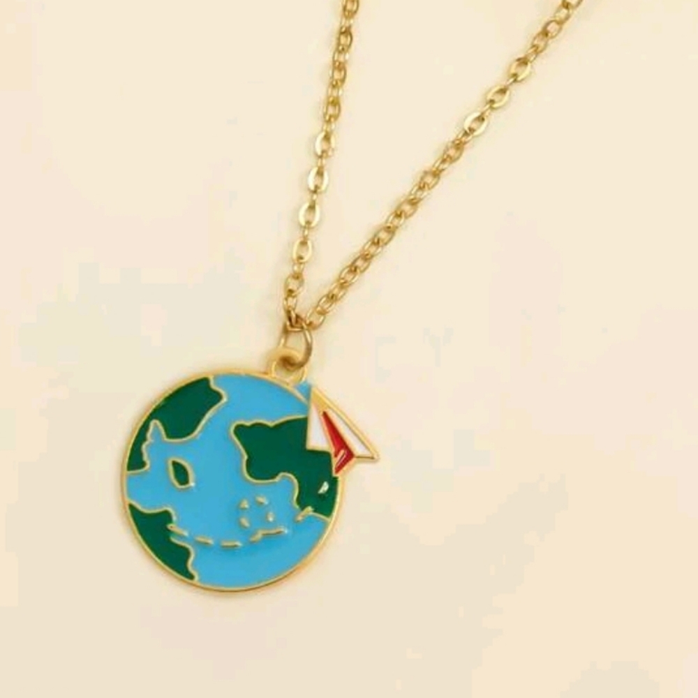 Paper Airplane Flying Around the Globe Necklace